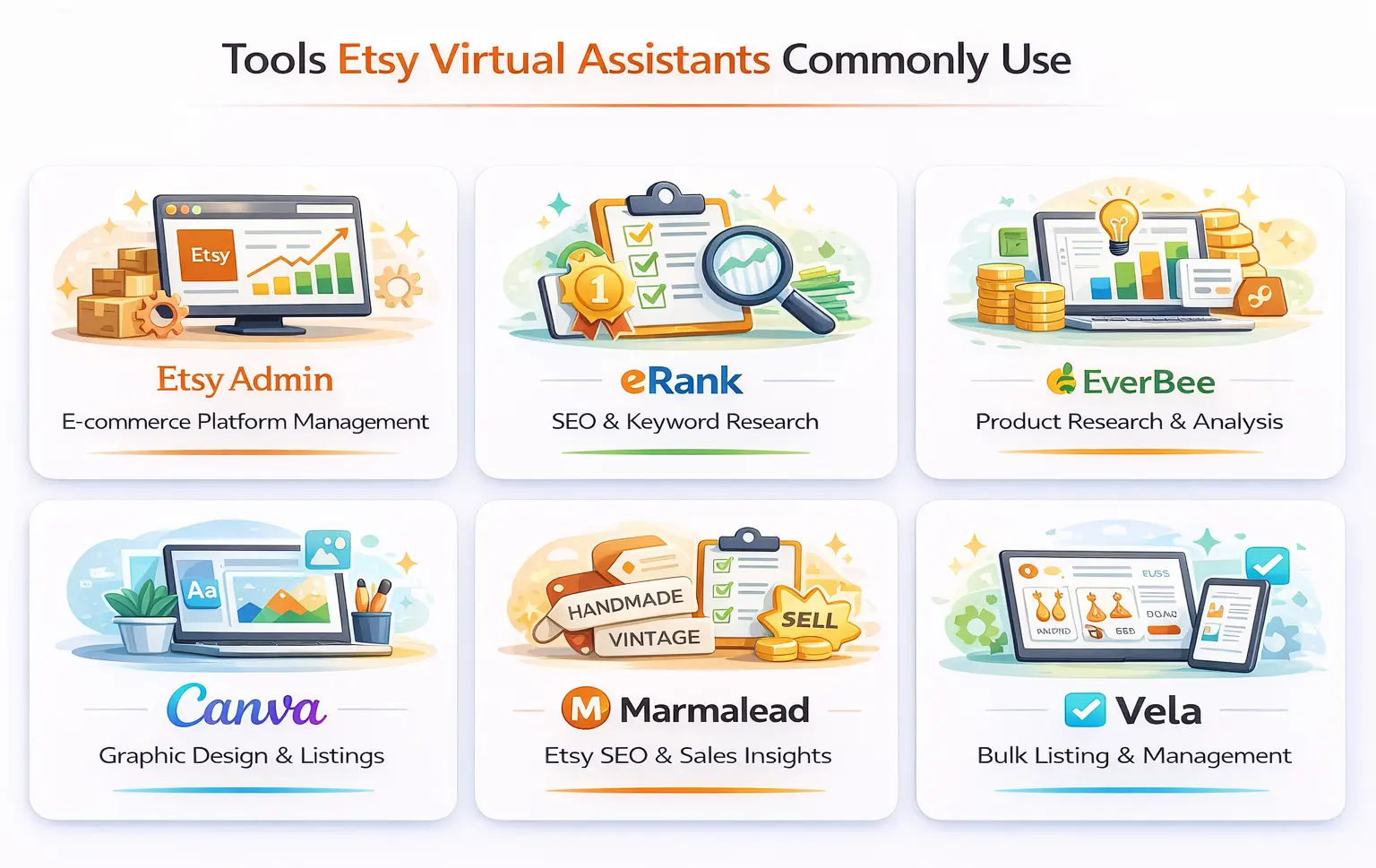 Etsy Virtual Assistant tools including Etsy Shop Manager, Google Sheets, Airtable, Slack, ClickUp, and Trello