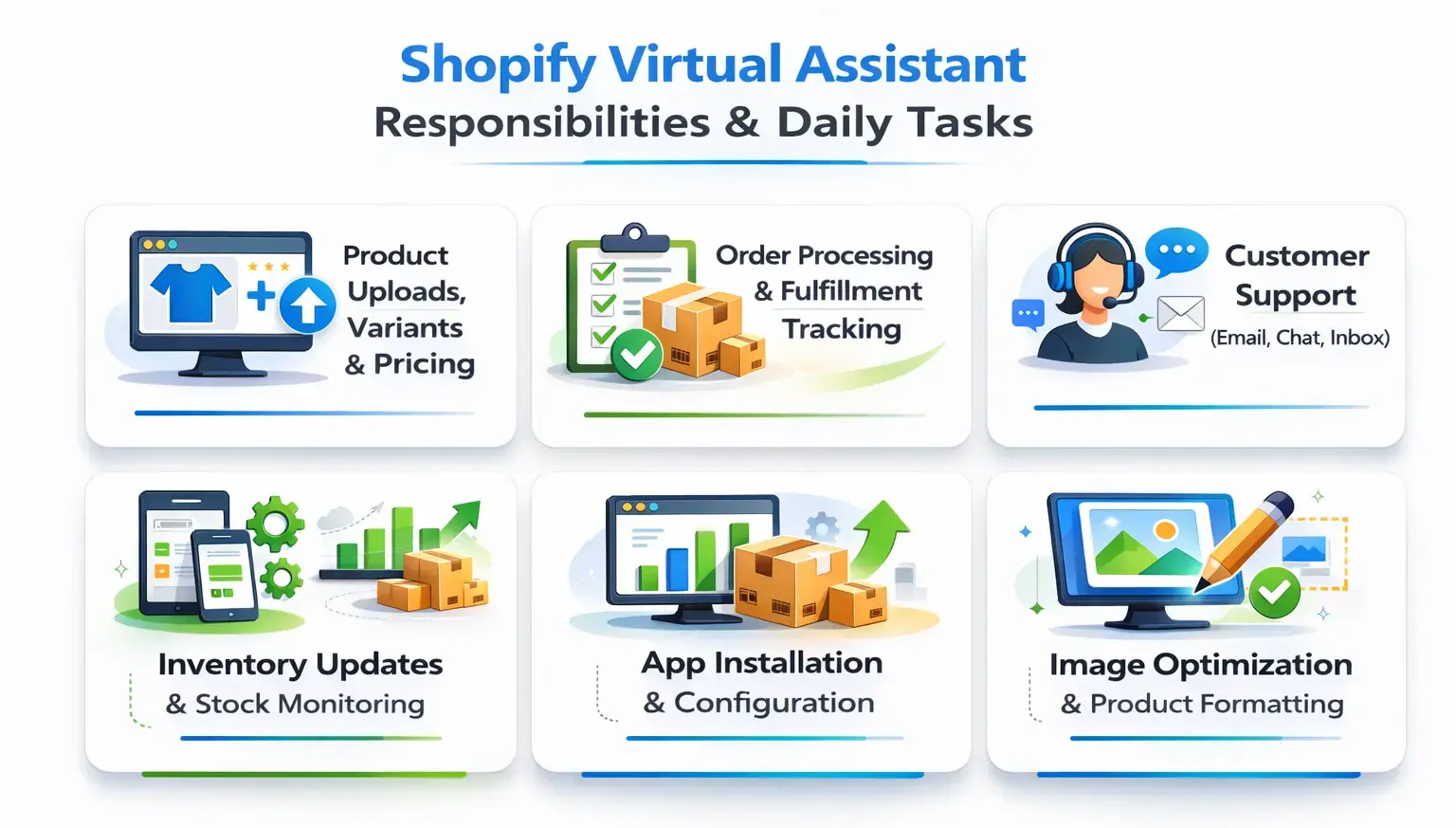 Shopify Virtual Assistant responsibilities including order management, product uploads, customer support, and store operations
