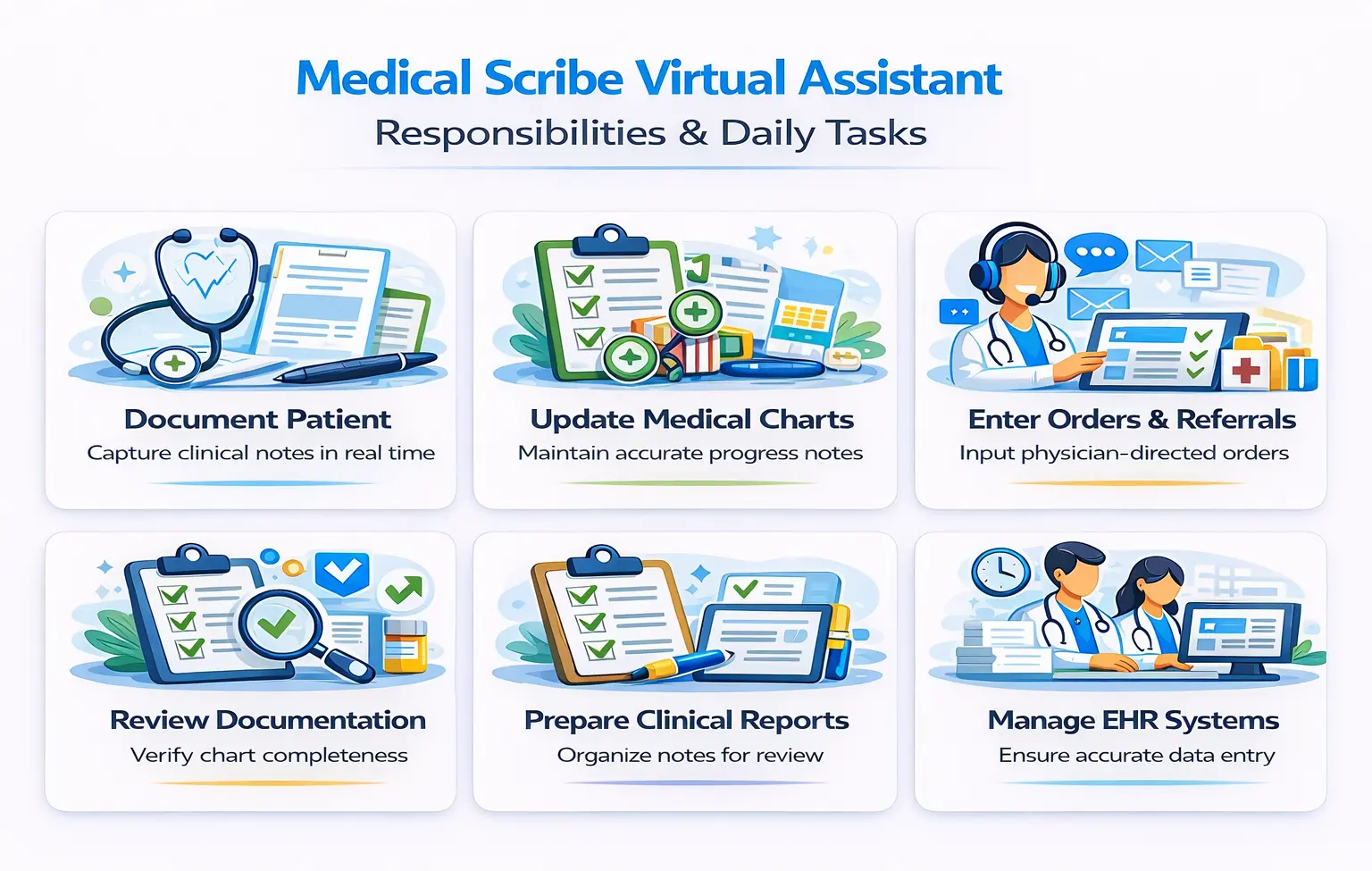 Medical Scribe Virtual Assistant responsibilities: documenting patient encounters, updating clinical charts, order entry, chart review, and preparing notes